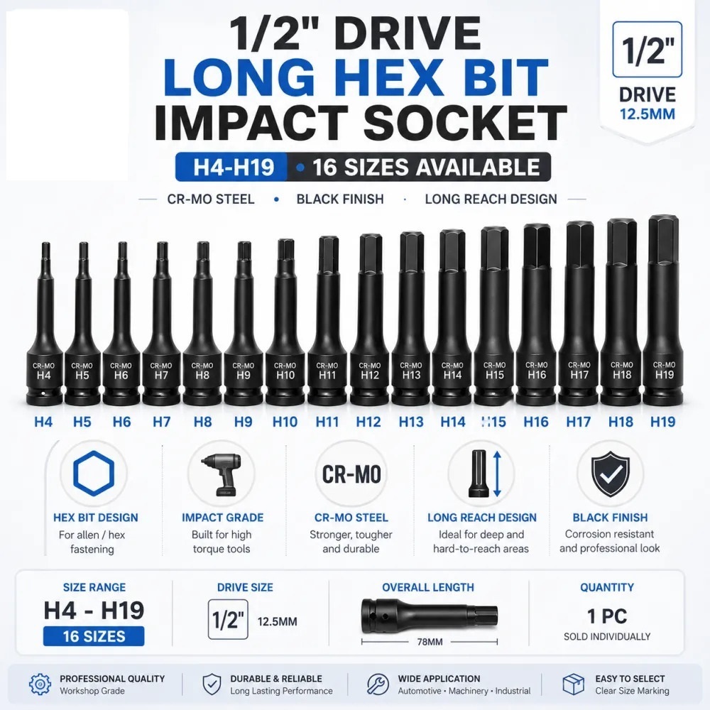 ยานยนต์ 1/2" ไดรฟ์ยาว Hex Bit Impact Socket – H4 ถึง H19
