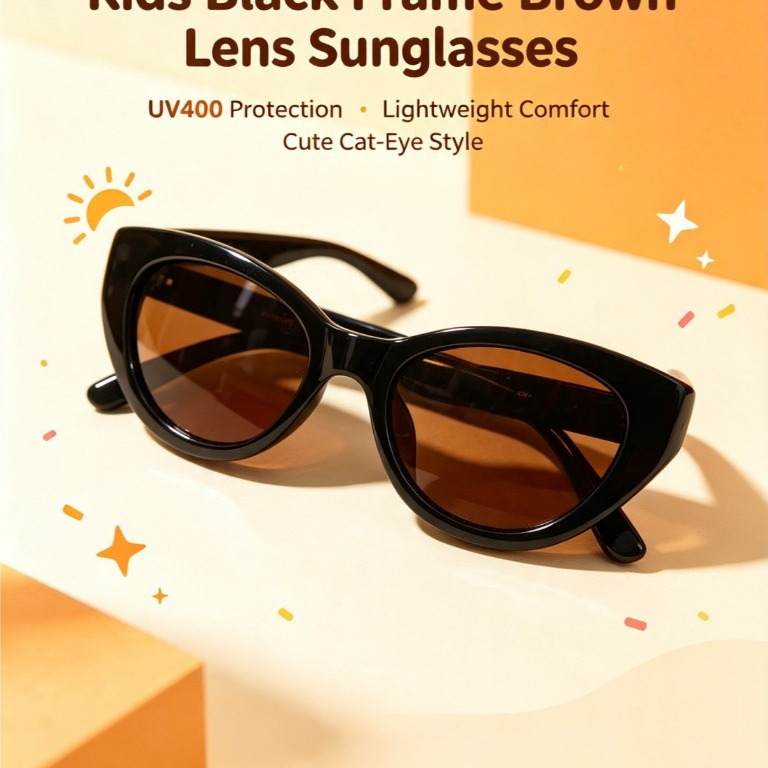 Retro Cat-Eye แว่นกันแดดเด็ก – กรอบสีดําเคลือบเงาพร้อมเลนส์สีน้ําตาลสีเหลืองอําพันอบอุ่น UV400 ป้องก