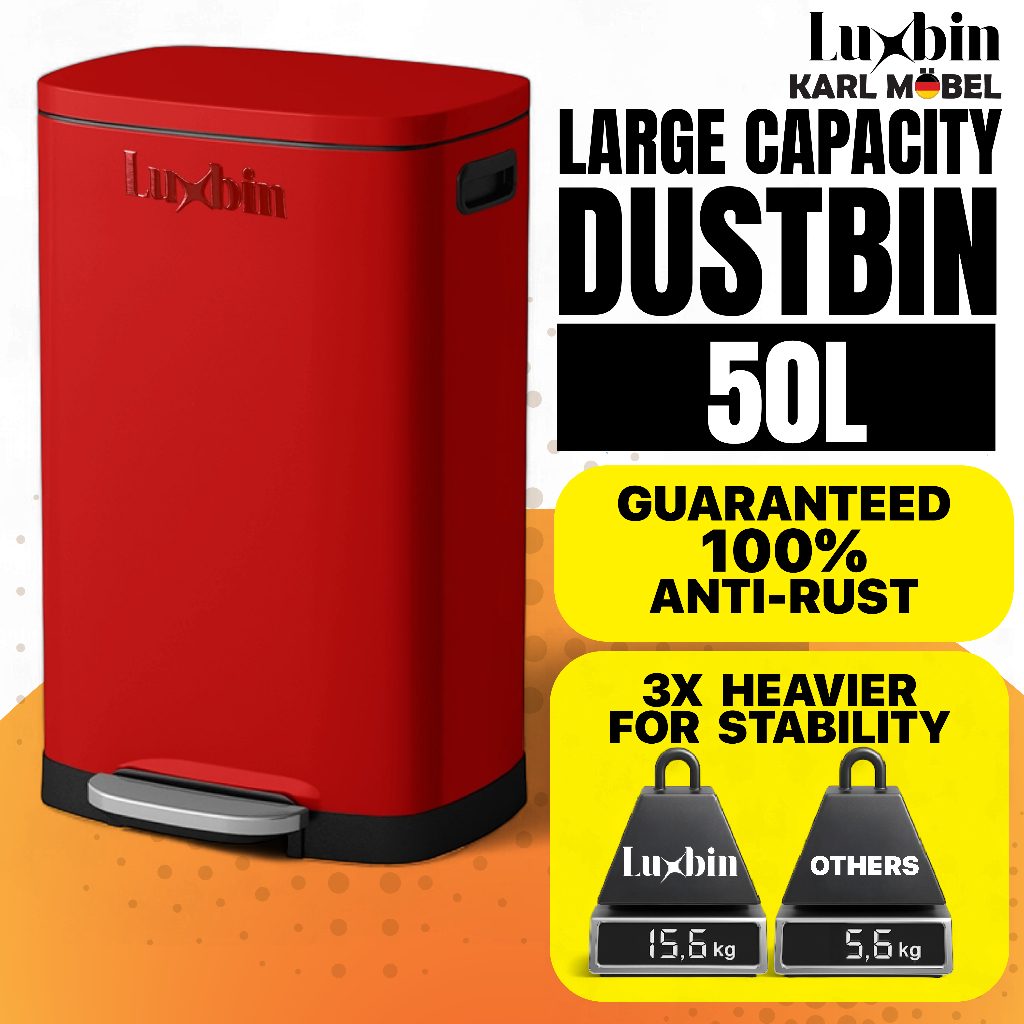 LuxbinTM Dustbin kitchen 50L Tong sampah bertutup bersar Rubbish bin ขนาดใหญ่ แป้นเหยียบสแตนเลส ฝาคร