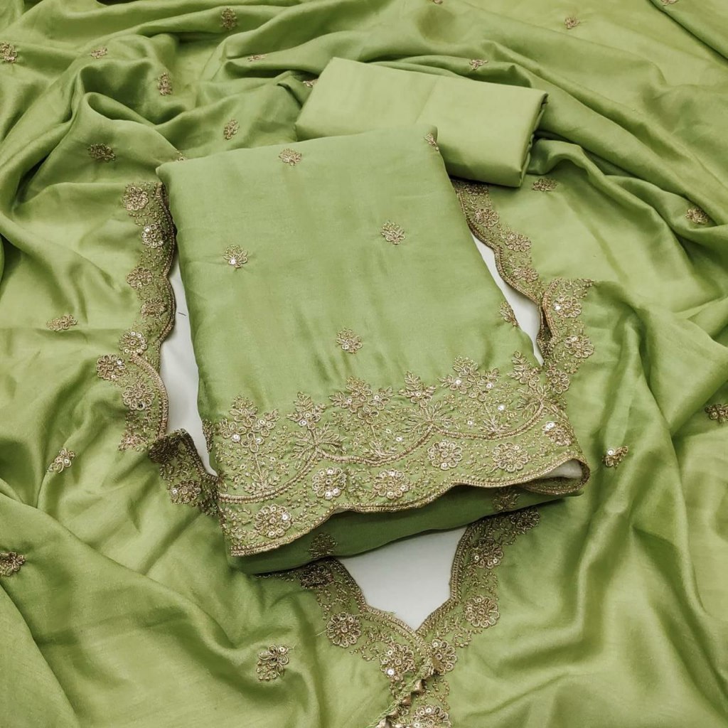 Unstitched Punjabi ชุดวัสดุ Vichtira ผ้าไหมเย็บปักถักร้อย Sequence Work Kain Jahit Punjabi ชุด