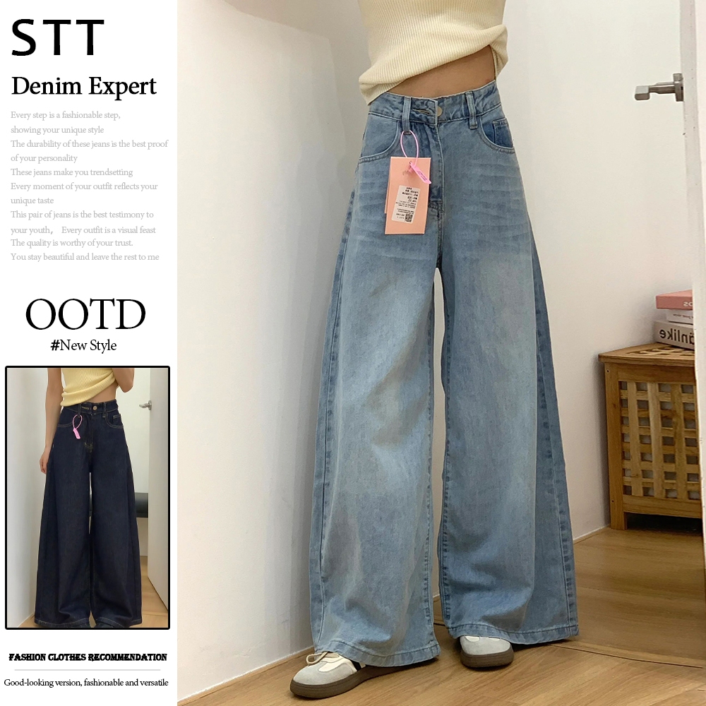 STT กางเกงยีนส์ขายาวทรงตรงสําหรับ OOTD พร้อมกางเกงลําลองขากว้างทรงหลวมสําหรับผู้หญิง
