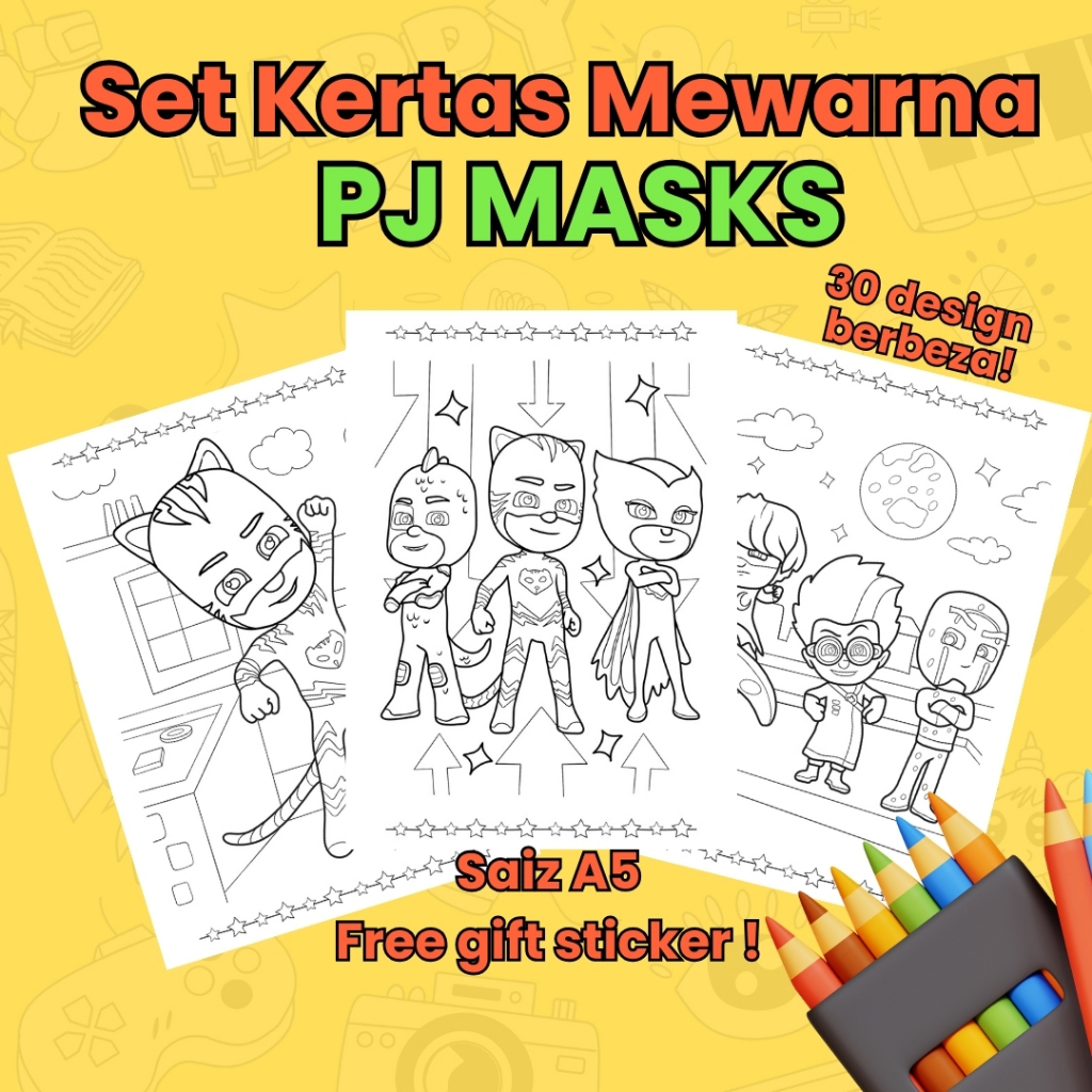 PJ MASKS ระบายสีหน้า A5 – ชุดกระดาษระบายสีสําหรับเด็ก 30 แผ่น