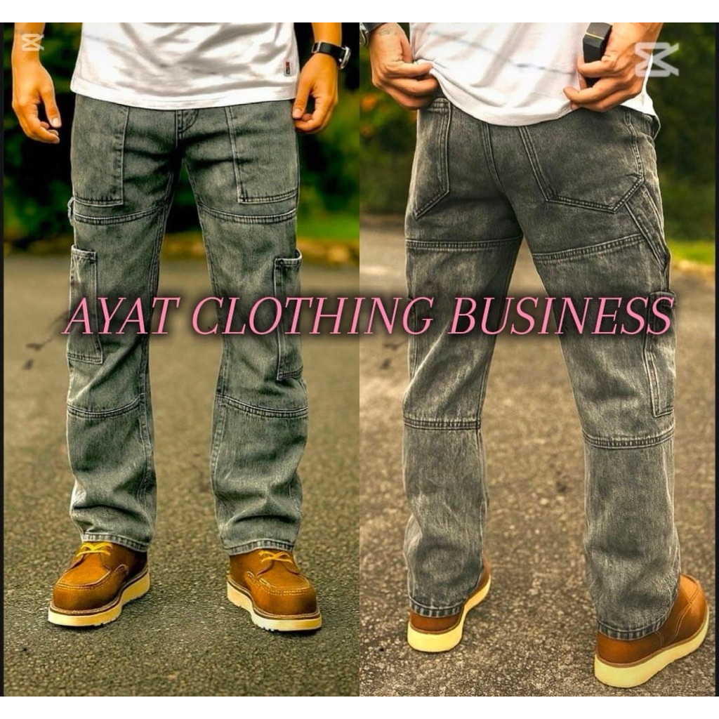 Baggy Jeans Lelaki Cargo 6 Pocket Acid Wash Cargo Jeans kain (ไม่ยืด) (Baggy Fit) Seluar Cargo Jeans