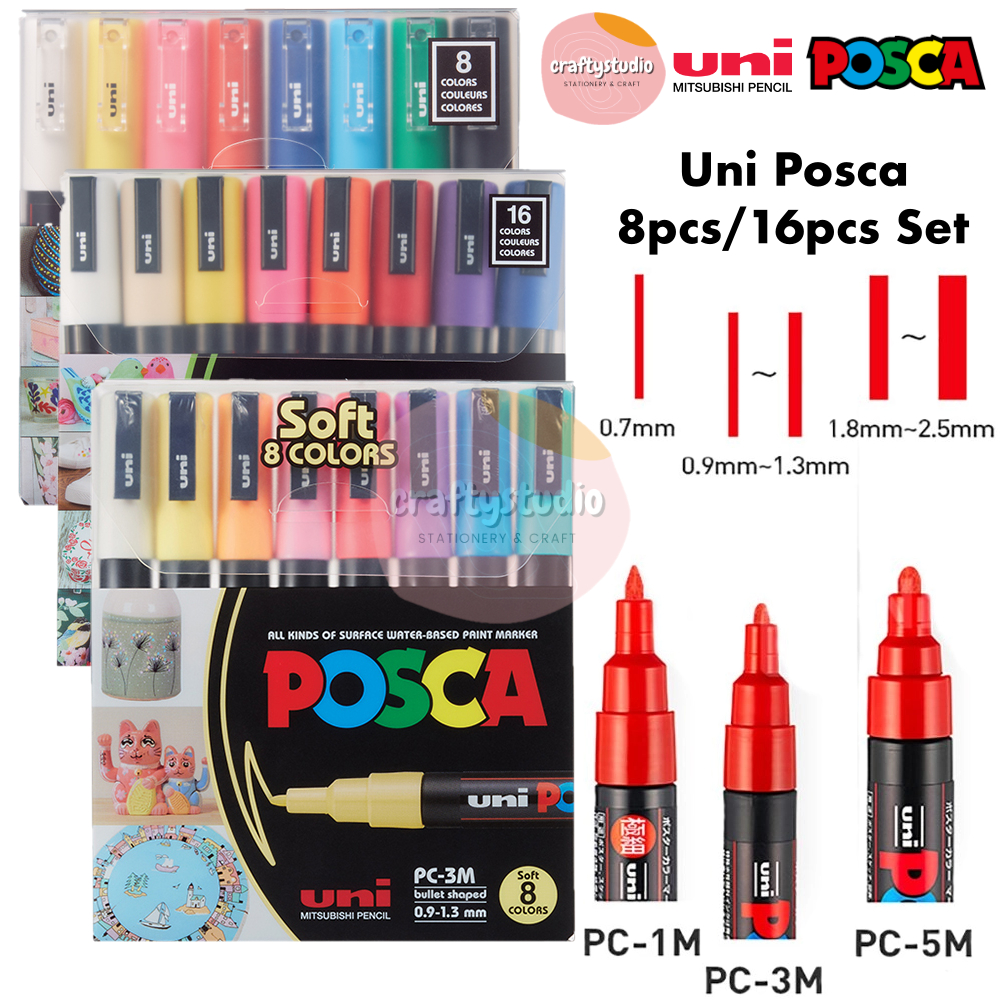 UNI POSCA ชุดปากกามาร์กเกอร์สีสูตรน้ํา, PC 1M/3M/5M-8C, PC 1M/3M/5M S-8C, PC 1M/3M/5M 1M-8C, PC 1M-1