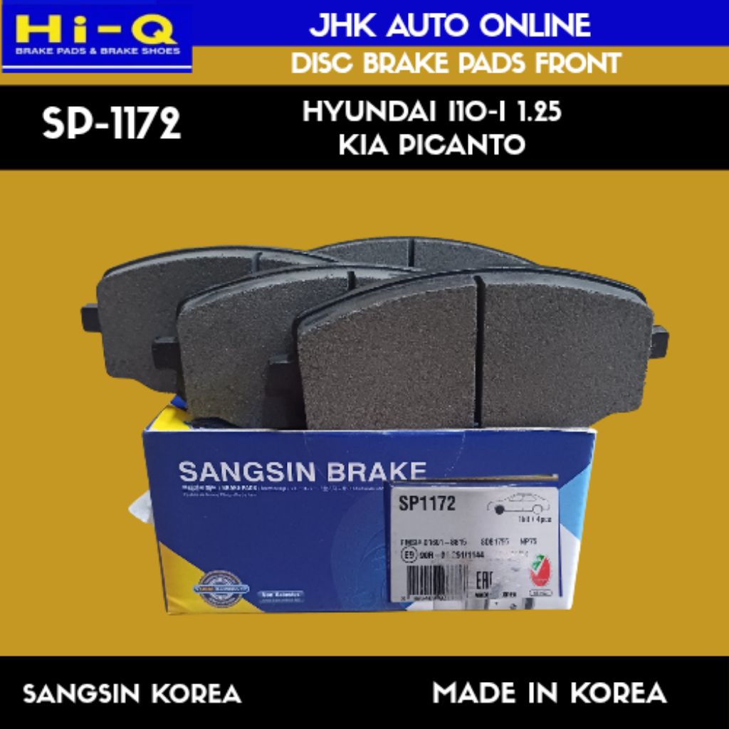 SP-1172 ผ้าเบรกแผ่นดิสก์ด้านหน้า KIA PICANTO HYUNDAI I10 1.1-I10 1.25 100% ใหม่ SANGSIN HI-Q MADE IN