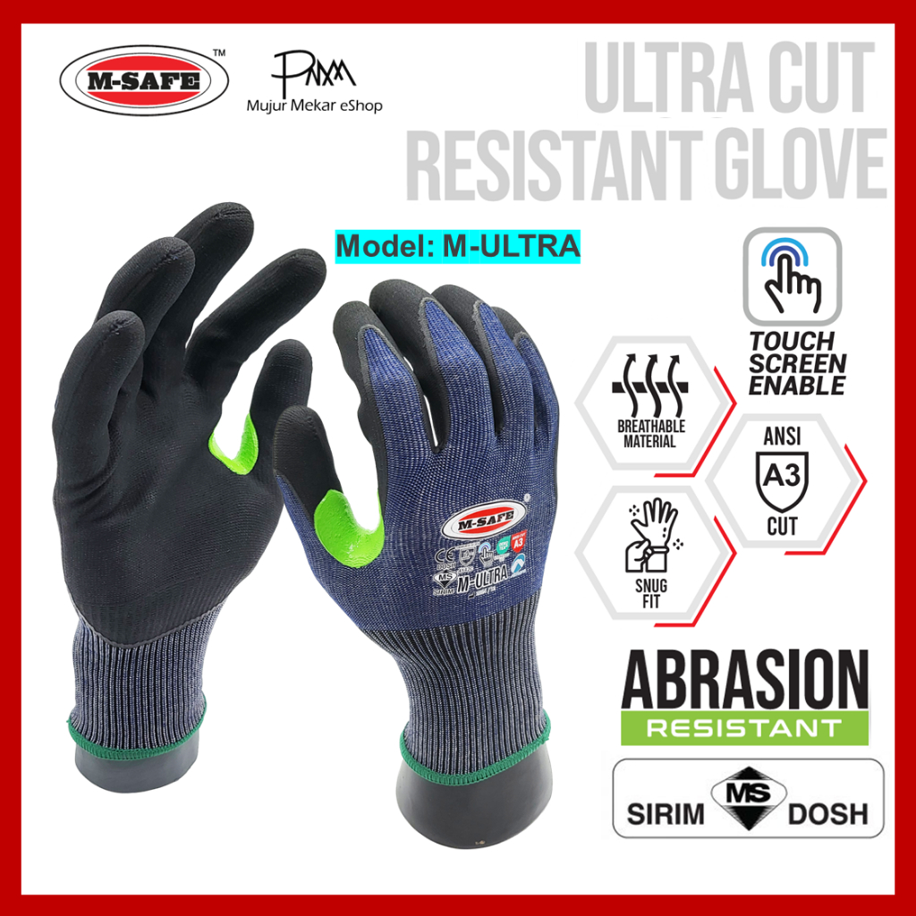 [SIRIM-DOSH] M-SAFE M-ULTRA SAFETY GLOVES ULTRA CUT RESISTANCE (ANSI A3 LEVEL CUT RESISTANCE)