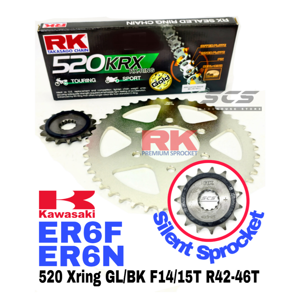 RK ชุดเฟือง Kawasaki ER6N ER6F RK 520 KRX X-Ring สีดํา/ทองโซ่ Silent Sprocket F14-16T R42/43/44/45/4
