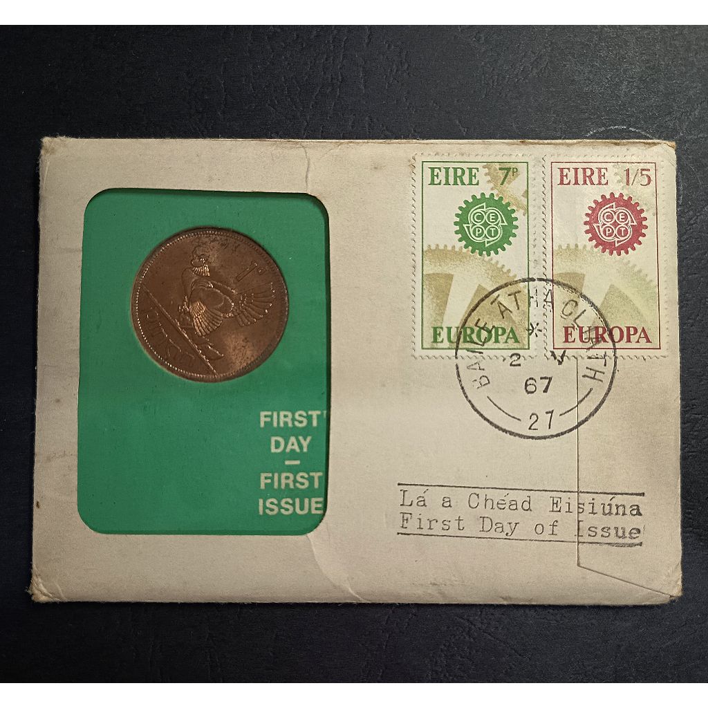 Ireland Coinage พร้อมแสตมป์ไปรษณีย์ - ฉบับที่แรก Ireland Bronze Penny With First Day Cover ปี 1966