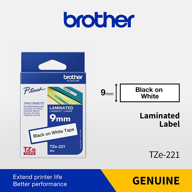 Brother TZe-221 9 มม. สีดําบนเทปลามิเนตสีขาว TZe221 TZ-221