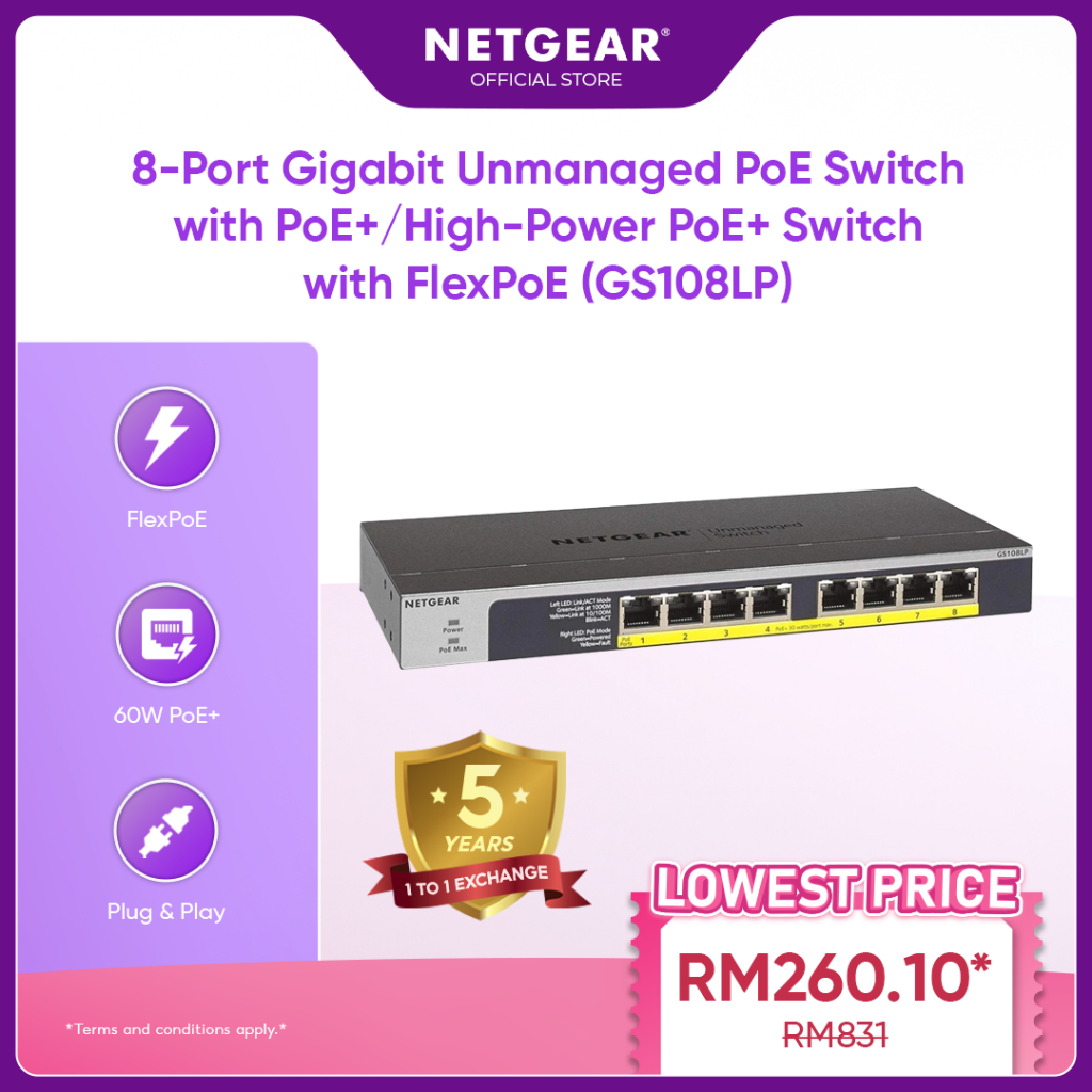 NETGEAR GS108LP/ GS108PP 8 - พอร์ต Gigabit Ethernet Unmanaged PoE Switch พร้อม 8 x PoEplus (60W/123W