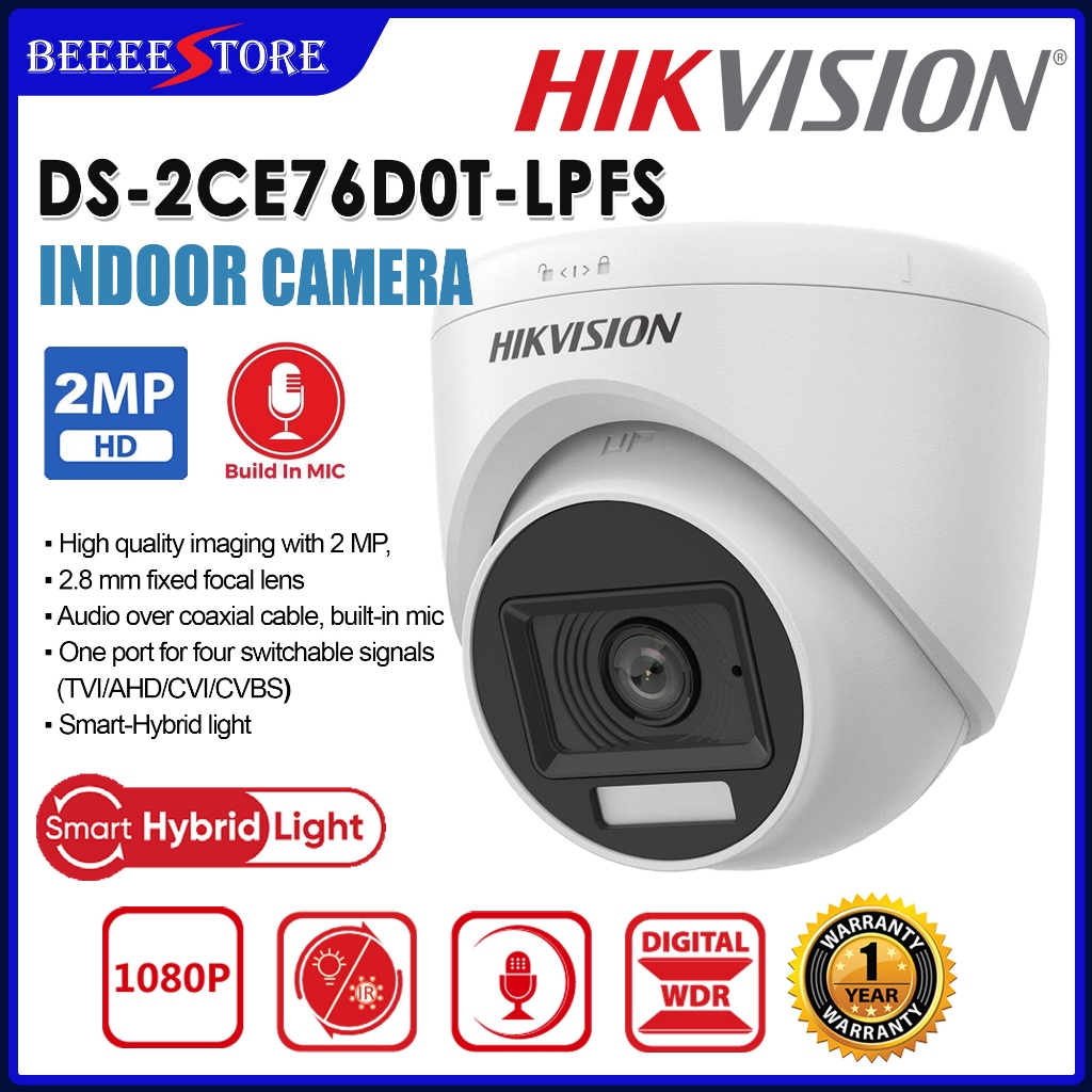 HIKVISION 2MP DS-2CE76D0T-LPFS SMART HYBRID LIGHT AUDIO FIXED TURRET กล้อง