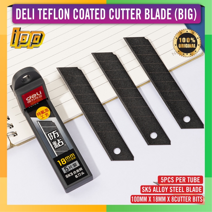 Deli Teflon Coated Black Cutter Blade Big 18mm X 100mm / 60 ̊ องศา SK5 Sharp Blade (5 ชิ้น/หลอด)- (T