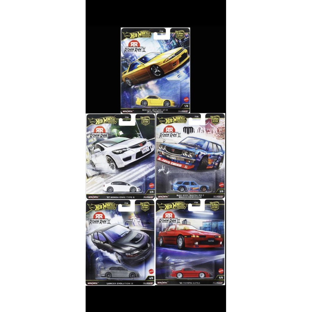 Hotwheels Ronin Run II 2025 Nissan Skyline GTR R32/07 Honda Civic Type R/Mad Mike Mazda RX3/Lancer E