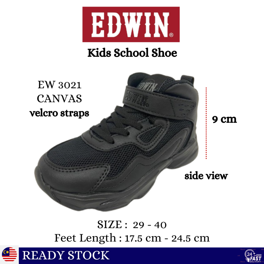 Edwin EW 3021 Hight cut School Black รองเท้า Kasut Sekolah Hitam Ringan Velcro สายรัด高筒黑鞋