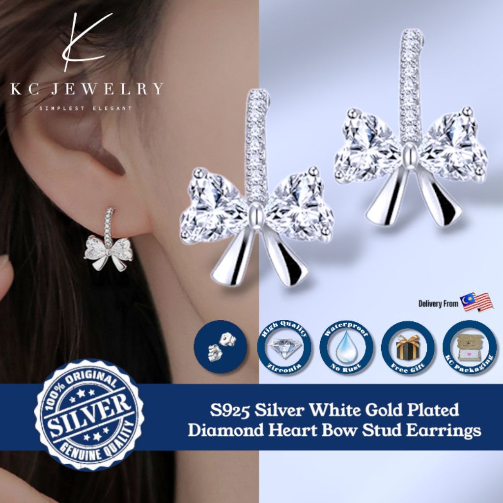 KC Jewelry S925 Silver - ต่างหูโบว์หัวใจเพชรชุบทองคําขาว