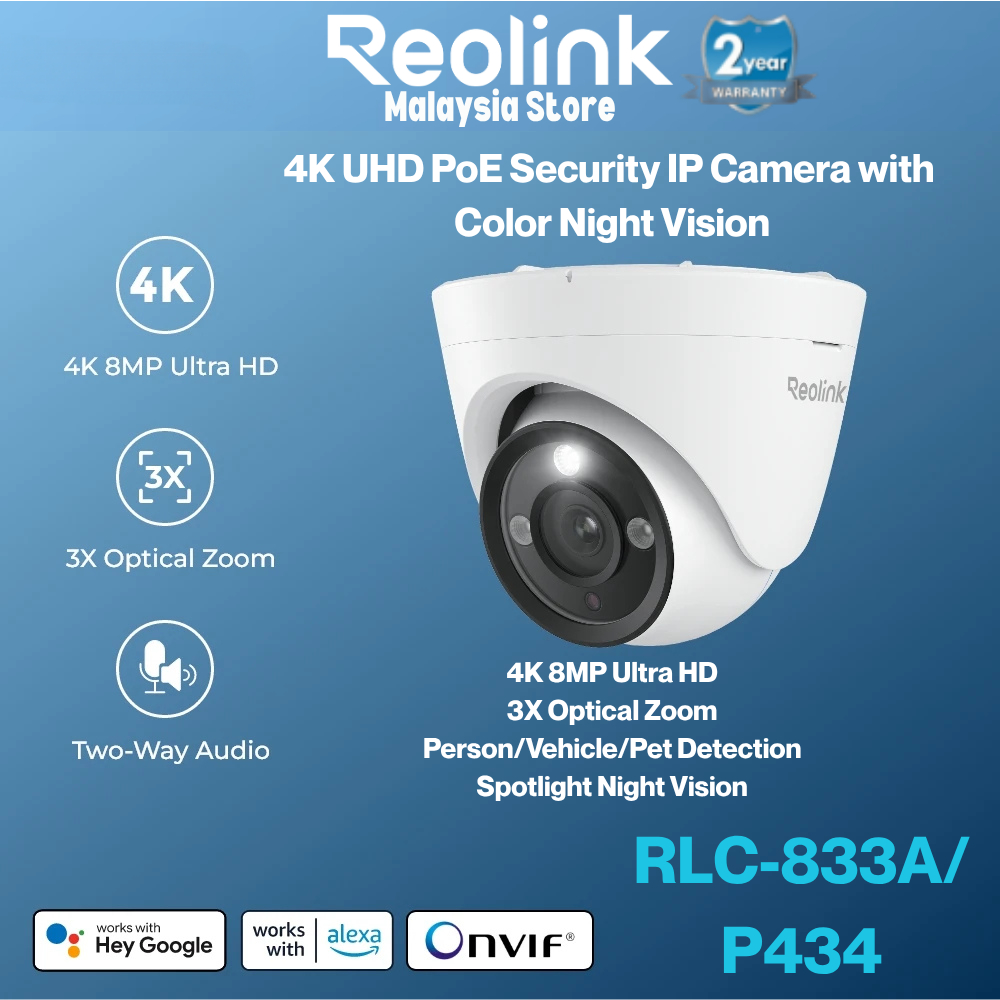 Reolink RLC-833A-3X P434 กล้องรักษาความปลอดภัย 4K ระบบกลางแจ้ง 3x ซูมออปติคัลสีสองทาง Night Vision ก