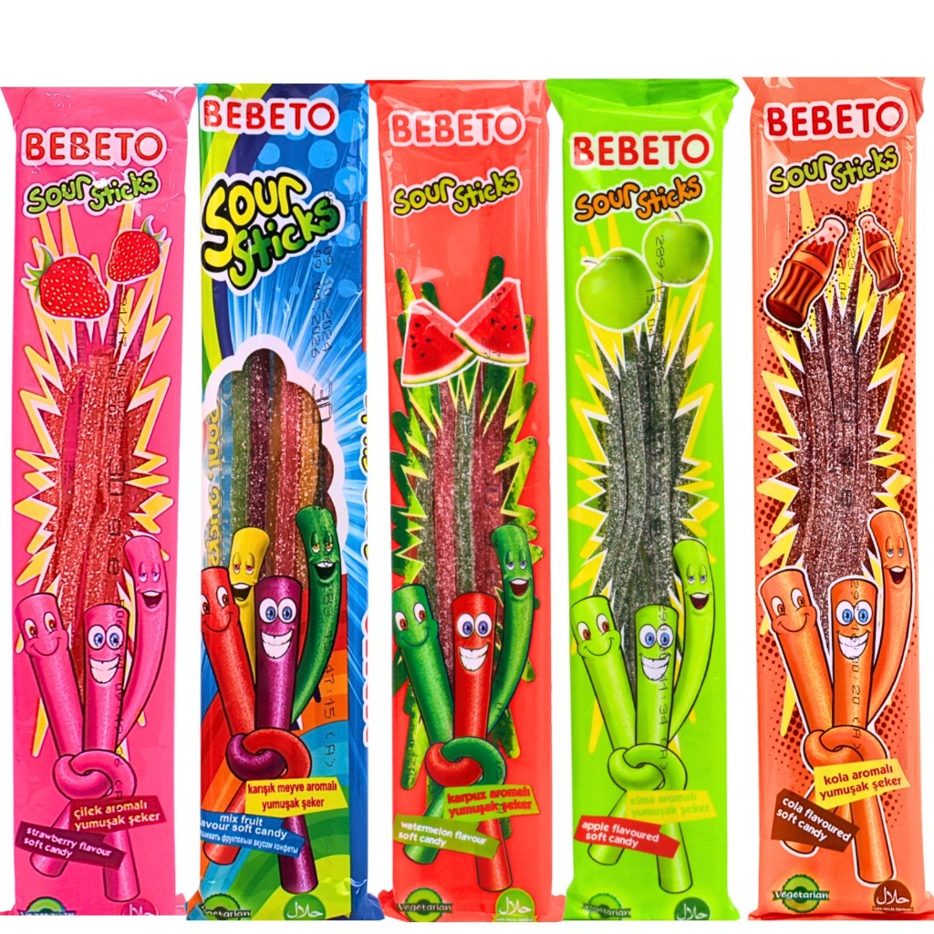 Bebeto Sour Sticks Sweet Soft Candy Mix Fruit , Strawberry , Apple , โคล่า {12 ชิ้น ,6 ชิ้น ,3 ชิ้น}