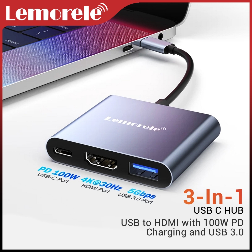 Lemorele TC33 อะแดปเตอร์ฮับ USB 3-in-1 USB C ถึง HDMI 4K30HZ USB-A 5Gbps PD100W Plug and Play -