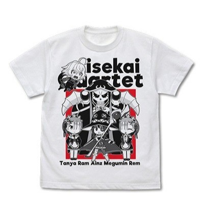 Isekai Quartet Chibi Crossover Characters T-Shirt Men's White Short Sleeve Mint Condition【Direct fro
