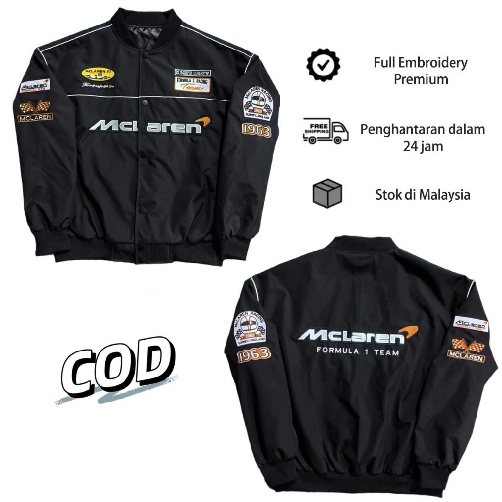 F1 McLaren Racing Jacket ผู้ชายขี่รถจักรยานยนต์ Windbreaker Jacket สีดําเย็บปักถักร้อย Bomber Jacket