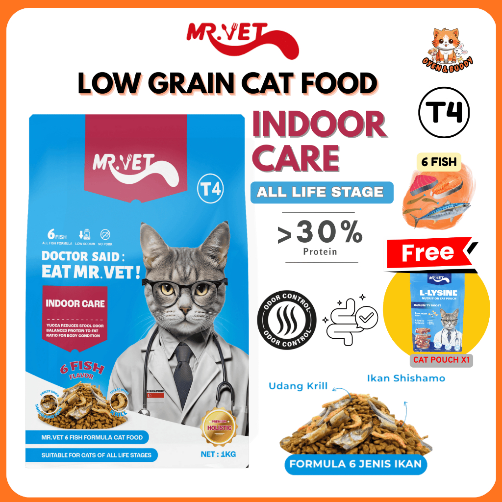 MR.VET อาหารแมว T4 1KG พร้อมปลาทะเล 6 ประเภท, เพิ่มประสิทธิภาพ gut microbiota, Holistic Indoor Care