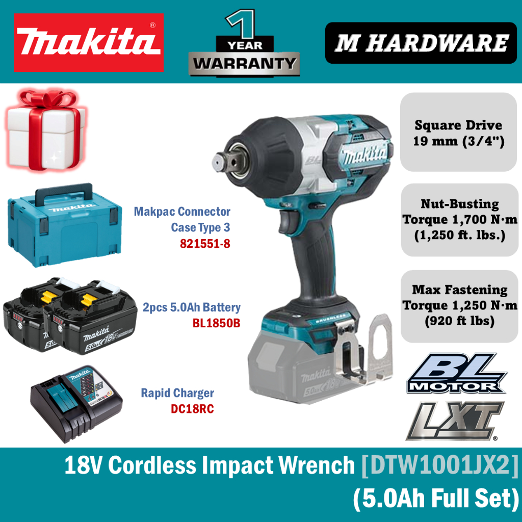MAKITA ประแจผลกระทบไร้สาย 18V 19mm (3/4") DTW1001JX2 / DTW1001JX3 / DTW1001Z / DTW1001