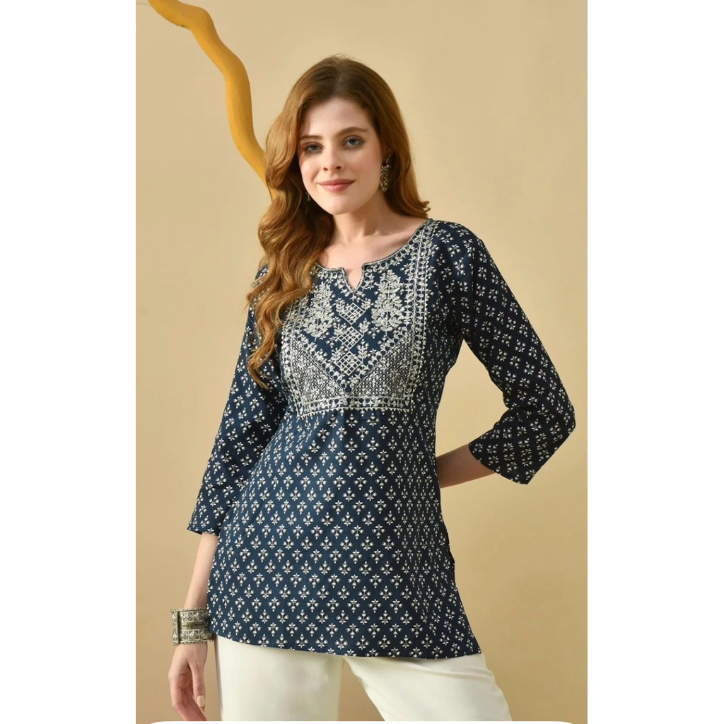 SSFH พรีเมี่ยมผ้าฝ้ายปักพิมพ์ Kurti (เฉพาะด้านบน)