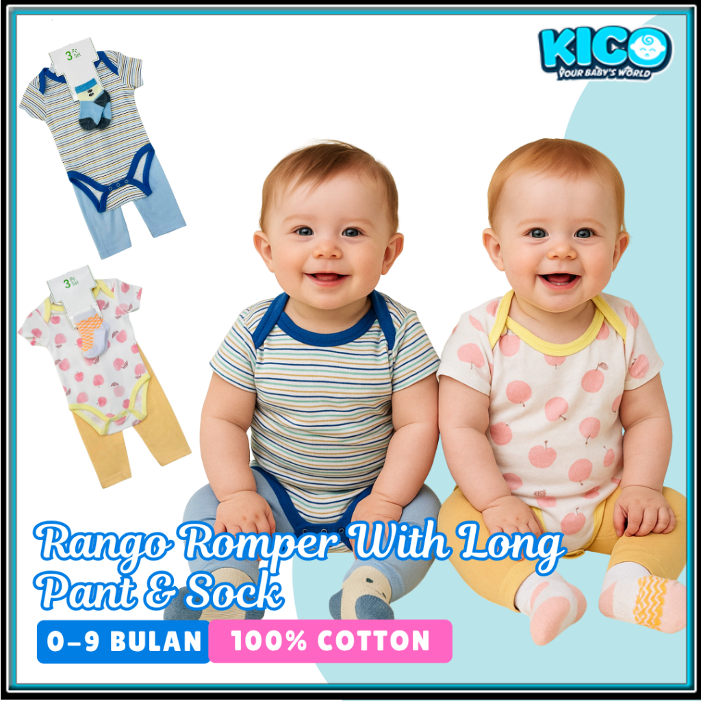 RANGO SET [0-9Bulan] (Romper + Seluar & Stokin) Lembut, Sejuk & Breathable Unisex