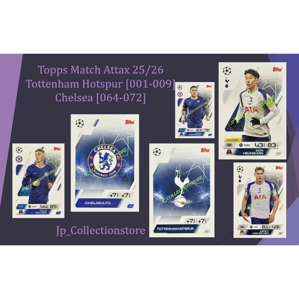[ทีมท็อตแน่ม ฮอตสเปอร์ (001-009)] & [ทีมเชลซี (064-072)] 2025/26 จับคู่การ์ดฟุตบอล Attax