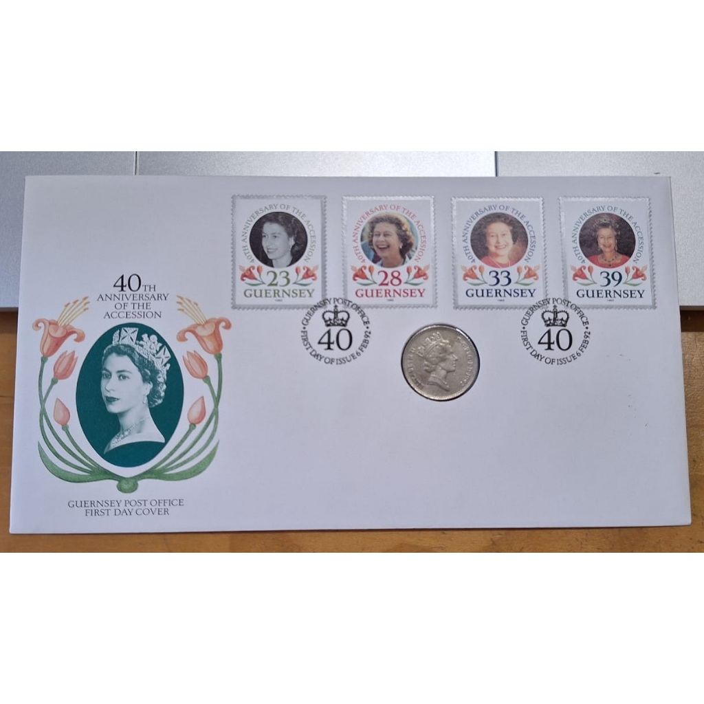 UK Guernsey 1992 Queen Elizabeth II QE2 40th Anniversary of the Accession Stamp FDC ฝัง 1992 Queen E