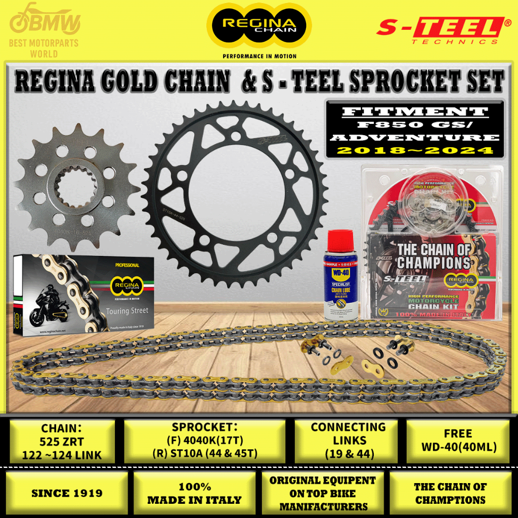 โซ่ราวลิ้น Regina + ชุดสเตอร์เหล็ก BMW F850 GS / ADV (2018–2024) | 525 ZRT / ZRA | 122–124 ข้อ | 17T