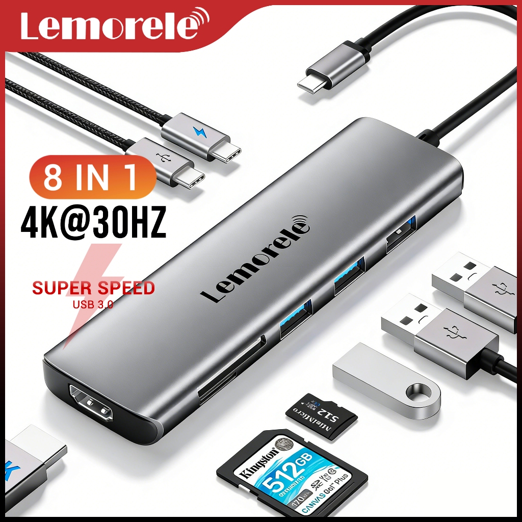 Lemorele TC38 อะแดปเตอร์ฮับ USB-C 8-in-1 4K HDMI 100W PD 3x USB-A SD/TF อลูมิเนียม