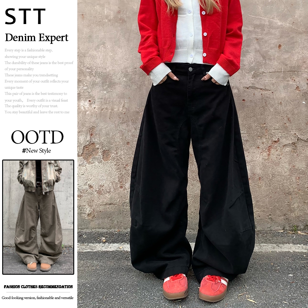High Street สีดําโค้งกางเกงยีนส์หลวมกระชับกางเกงยีนส์ขากว้างสําหรับผู้หญิง 2026 OOTD ใหม่กางเกงลําลอ