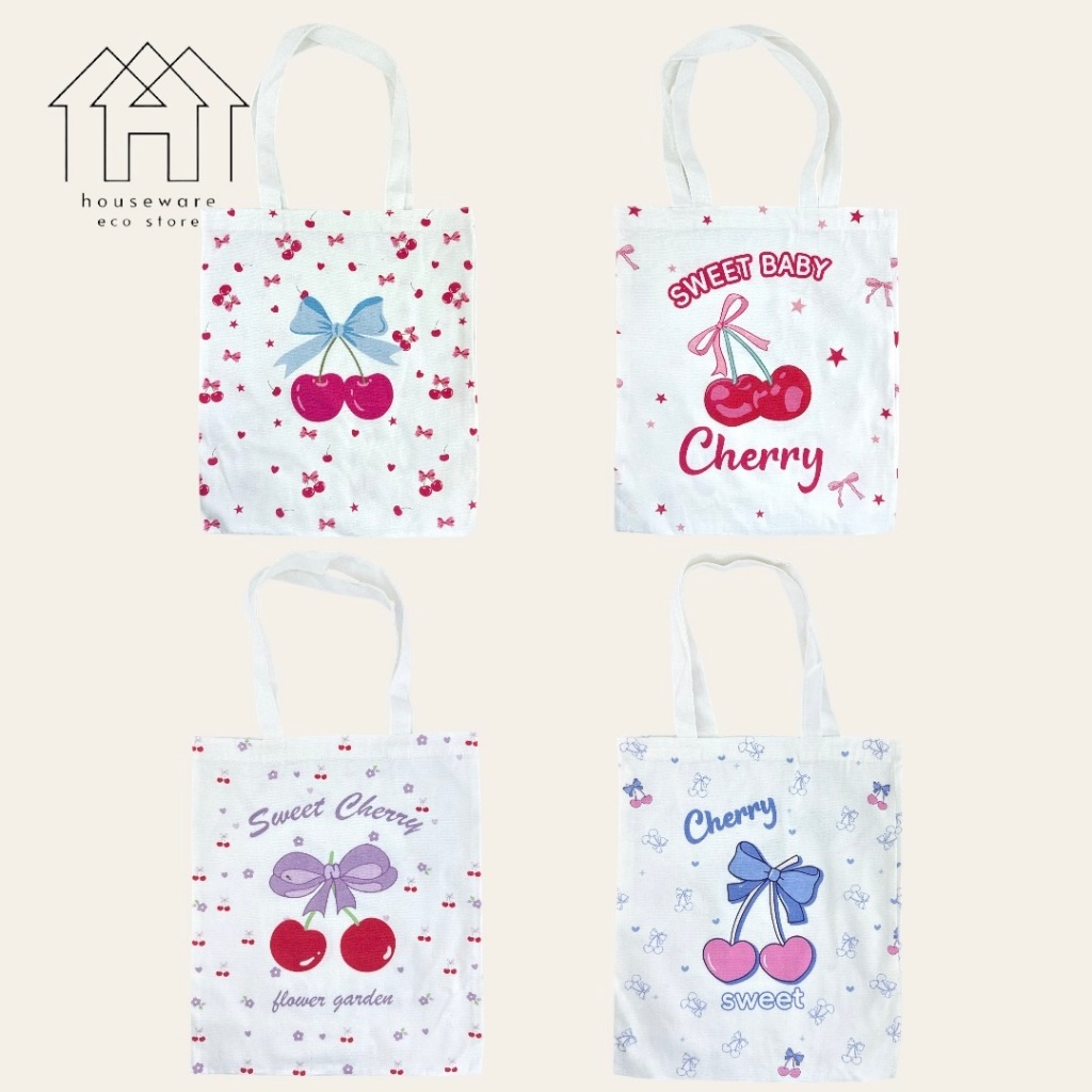 Cherry Design Canvas Tote Bag สําหรับสาวค่าเล่าเรียนกระเป๋าสะพายการ์ตูนกระเป๋านักเรียน MT403500