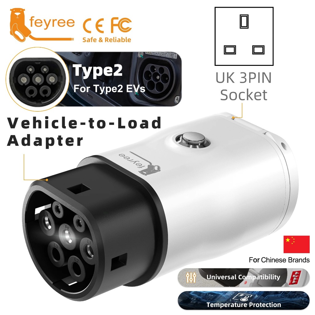 Feyree อะแดปเตอร์ Type2 V2L แบบพกพาพร้อมสวิตช์ปรับไฟสําหรับรถยนต์ EV เพื่อโหลดผู้ปล่อยค่าสําหรับการใ