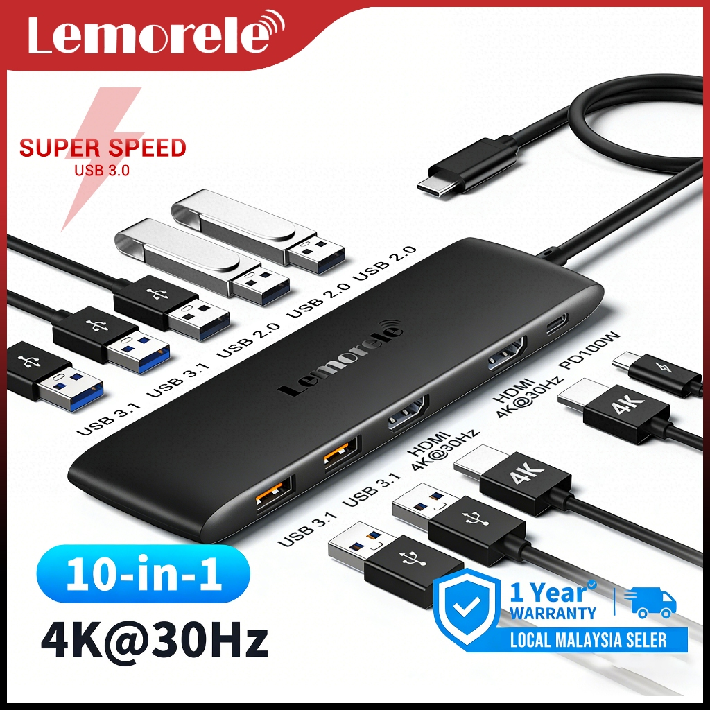 Lemorele TC300 10-in-1 USB-C Docking Station Dual HDMI 4K PD 100W USB 3.1 Gen2