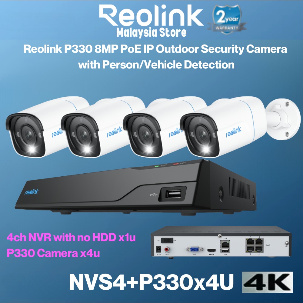 Reolink NVS4 NVR + กล้อง Bullet 4x P330-2.8 มม. 8MP PoE การตรวจจับอัจฉริยะ ชุดรักษาความปลอดภัยกล้องว