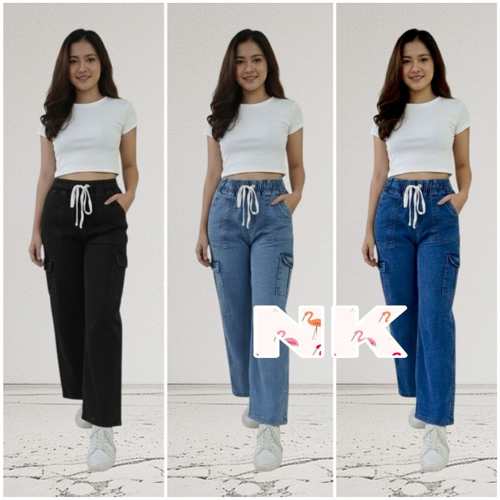 Seluar Cargo Buggy Style Denim Jeans คุณภาพสูง Jagging 6Posket Wanita Pants Pinggang Getah Ada Tali 