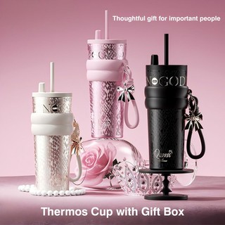 710ml 316 Stainless Steel Ceramic Coated Tumbler with 3D Embossed Design - Leakproof Vacuum Flask with Tritan Straw