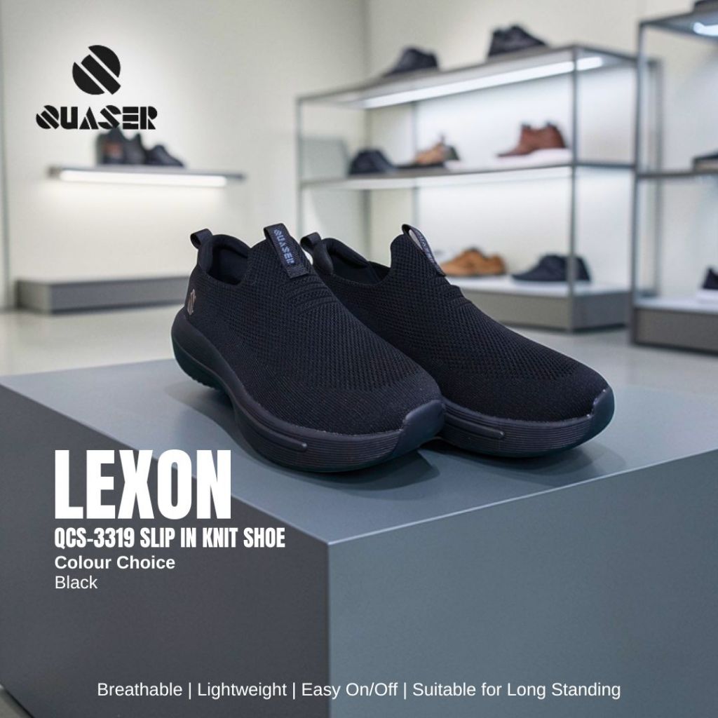 Quaser Lexon QCS-3319 Lexon Slip On Knit Shoe สีดํา Kasut Slip-On Berkait