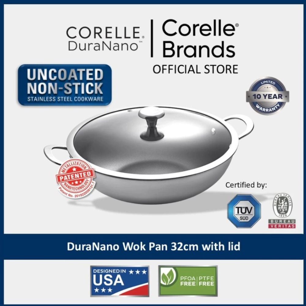 CORELLE DuraNano 32 ซม. กระทะพร้อมฝาปิด - เครื่องครัวสแตนเลสแบบไม่ติดไม่เคลือบ