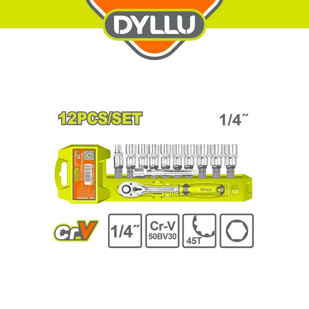 ชุดเต้ารับ DYLLU (12 ชิ้น x 1/4") - ซ็อกเก็ต Cr-V (5-14 มม.) + 45T Ratchet + แถบขยาย (3") DTST4212