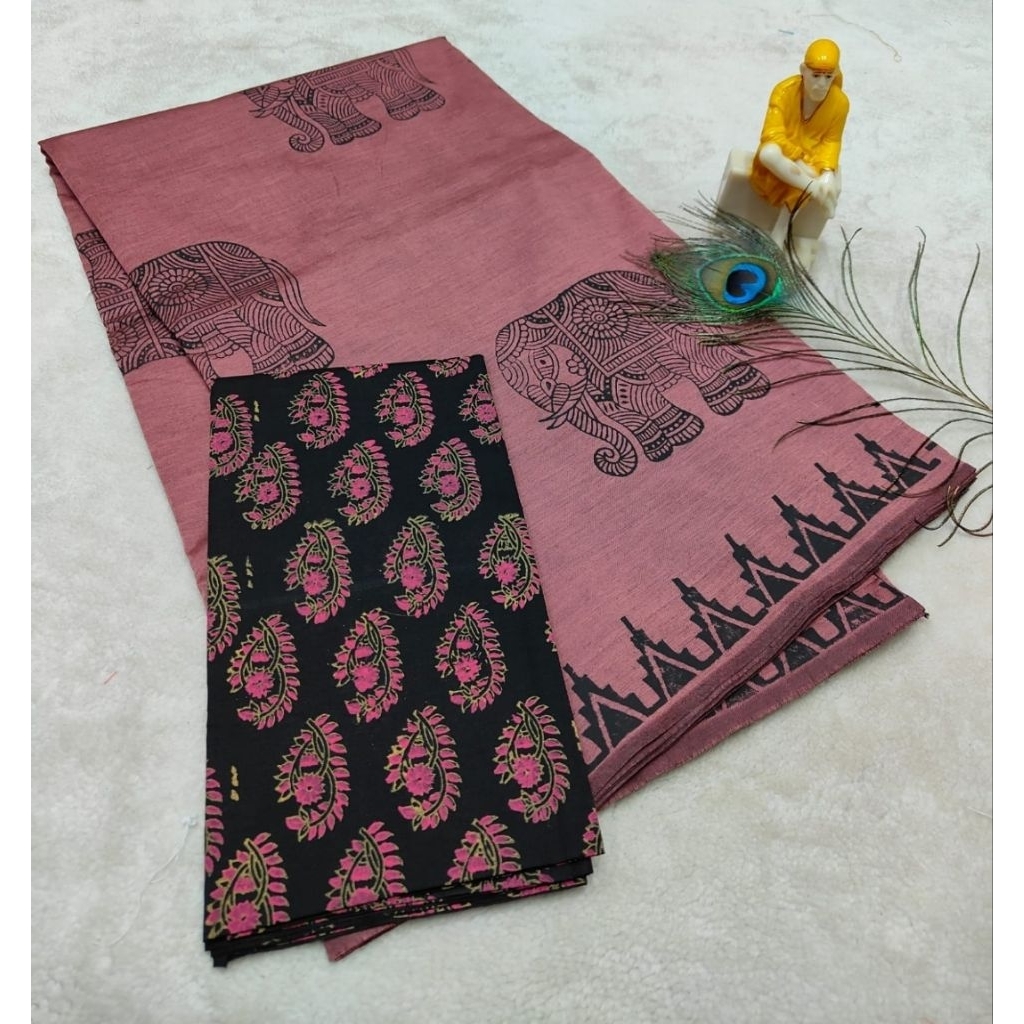 Sarees พิมพ์ลาย South Cotton Mix Block พร้อมเสื้อวิ่ง (ฟรี KALAMKARI BLOUSE)