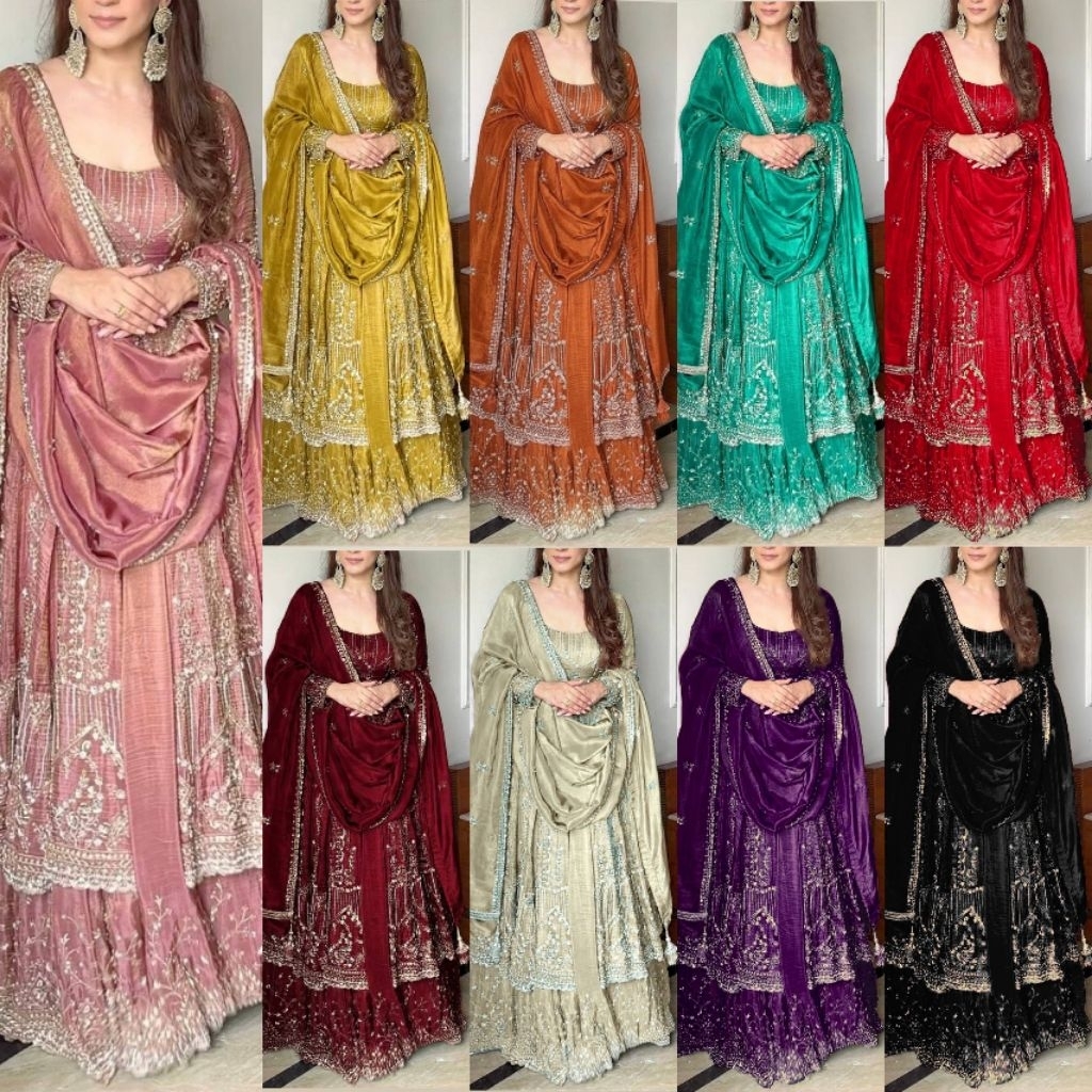NEW ARRIVAL การออกแบบระดับพรีเมียม PARTY WEAR CHINON SILK WITH EMBROIDERY SEQUENCE WORK (ขนาด M ถึง 2XL)
