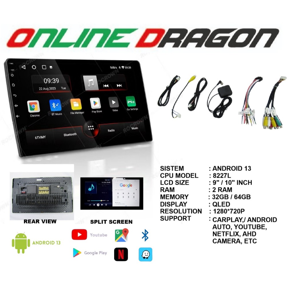 9" / 10.1 "นิ้วรถAndroid Player 2 RAM + 32GB / 64GB 8227L 1280*720P IPS Carplay AHD QLED DSP WIFI GP