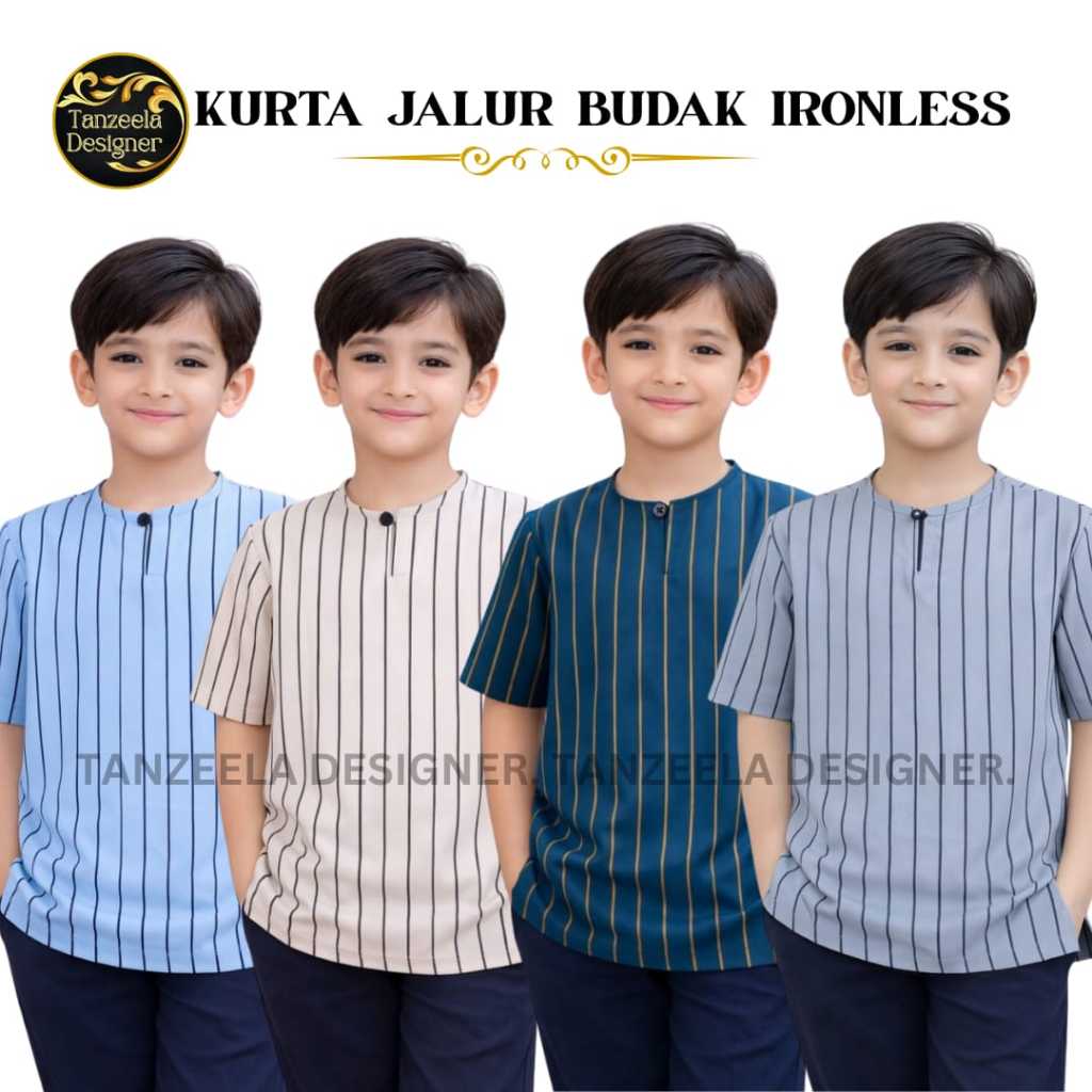 CHILDRENS SHORT-SLEEVED STRIPE KURTA, BOYS, IRONLESS, CEY ITALIAN CREPED ผ้าลาย