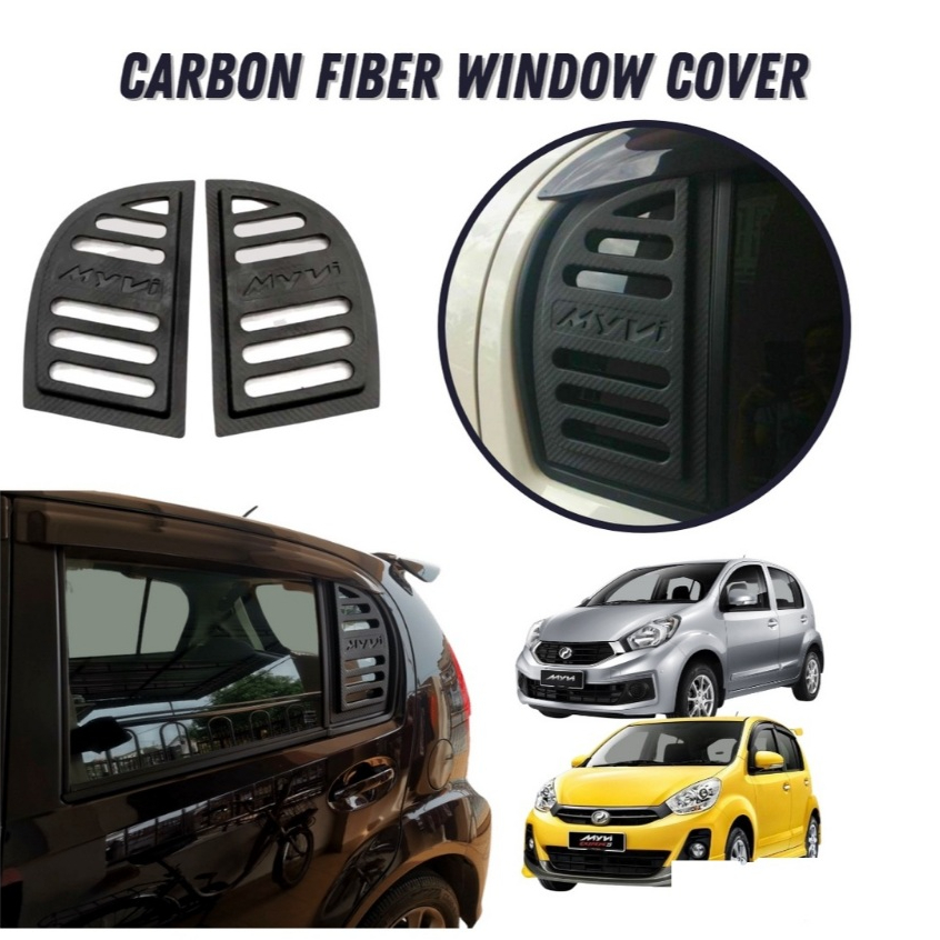 PERODUA MYVI LAGI BEST / MYVI ICON สีดําด้านหลัง 3d คาร์บอนหน้าต่างสามเหลี่ยมกระจกป้องกัน