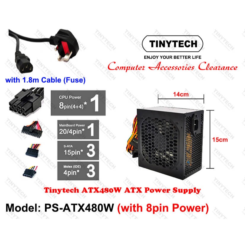 DESKTOP PC ATX PS-ATX480W POWER SUPPLY พร้อมสายไฟ 1.8M TINYTECH พัดลมขนาดใหญ่ 12 ซม. PSU PC FIT MICR