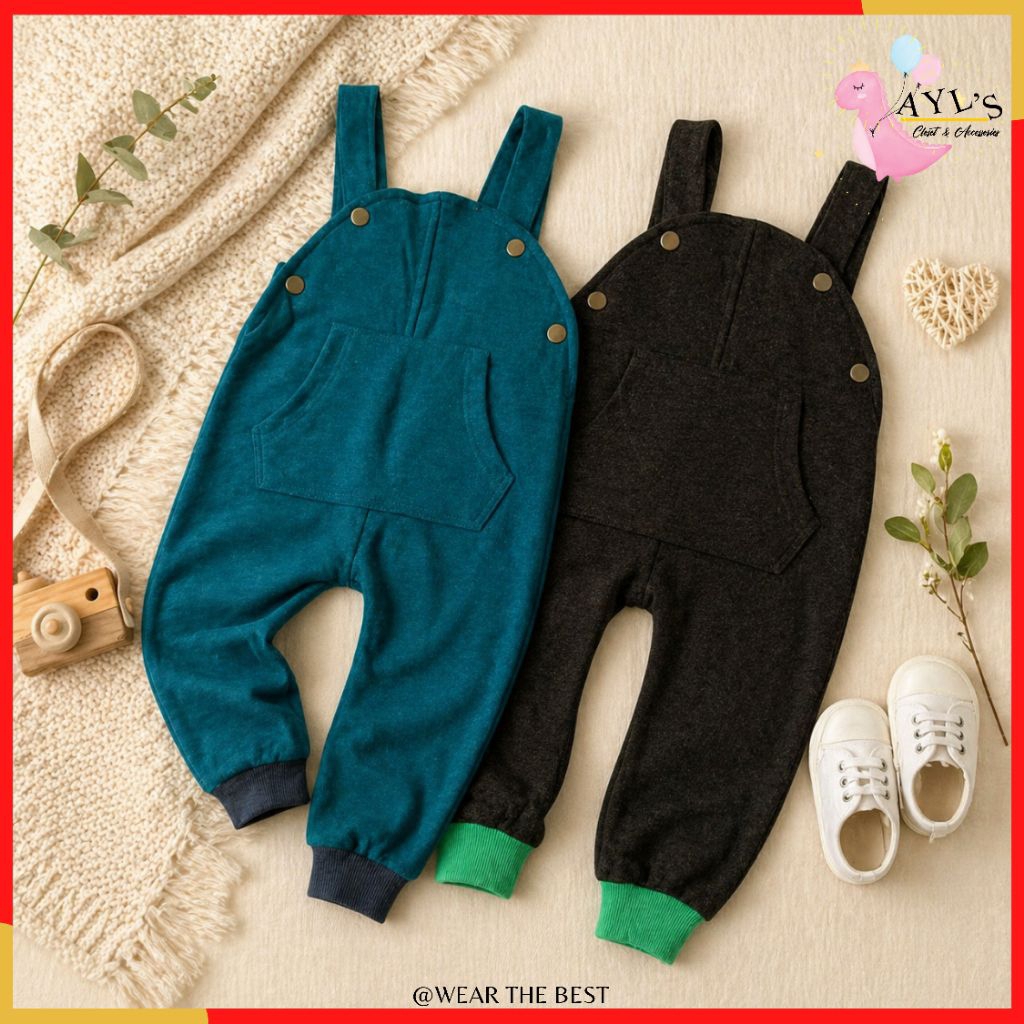 {2-8y}Overalls Kanak-Kanak Unisex Qnk Cotton Lembut Inner Fish Skin Casual plain Selesa tealblue