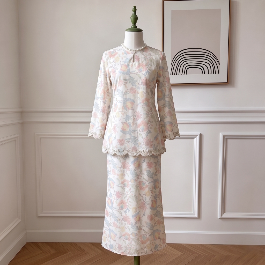 Pickone แฟชั่น Baju Kurung Kedah Opah ดอกไม้พิมพ์ออกแบบ Sulam Bunga Perempuan Elegant เสื้อผ้าชุด D053